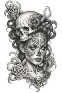 Black and grey Medusa with under a Skull Mysterious  tattoo design idea