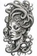 A surreal scene of a Medusa's face emerging from a pool of black ink, with a skull hidden in the shadows beneath her gaze tattoo design idea