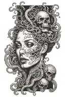 A surreal scene of a Medusa's face emerging from a pool of black ink, with a skull hidden in the shadows beneath her gaze tattoo design idea