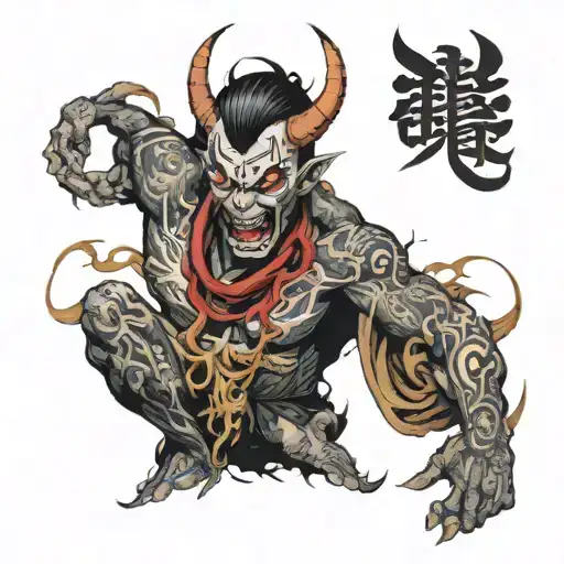 A deathcore vocalist transformed into a demon with intricate Japanese tattoos covering their body tattoo design idea