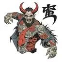 A deathcore vocalist transformed into a demon with intricate Japanese tattoos covering their body tattoo design idea