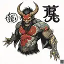 A deathcore vocalist transformed into a demon with intricate Japanese tattoos covering their body tattoo design idea