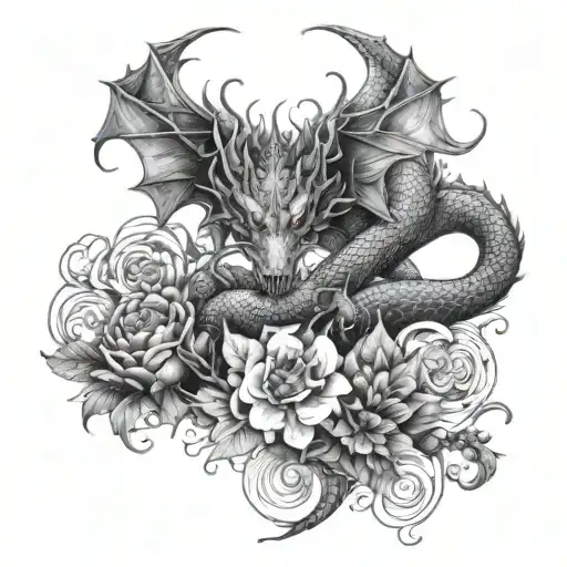 dragon and flowers intertwined tattoo design idea
