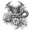 dragon and flowers intertwined tattoo design idea