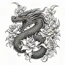 dragon and flowers intertwined tattoo design idea