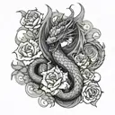 dragon and flowers intertwined tattoo design idea