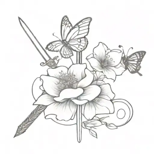 Sword with butterfly and flower blooming tattoo design idea