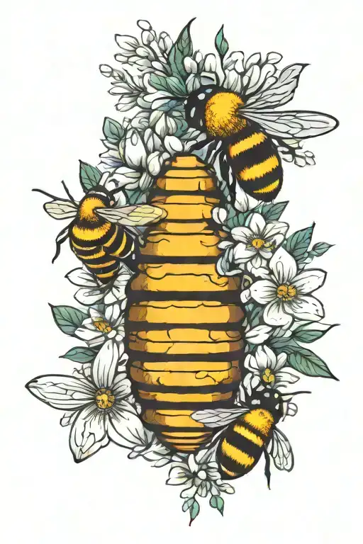flowers, bee and beehive attached tattoo design idea