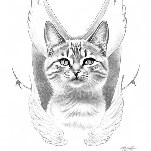 side cat with long tail and angel wings in the moon  tattoo design idea
