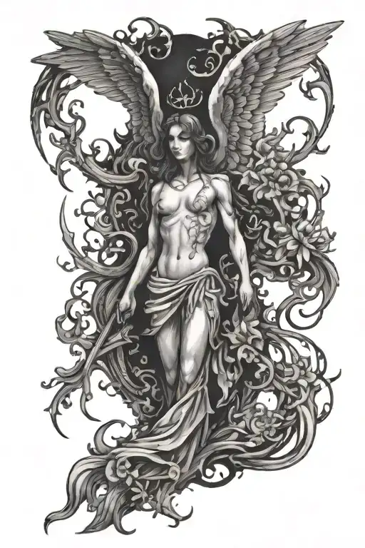 symbolising growth from a dark place in life, spiritual, fire, angels tattoo design idea