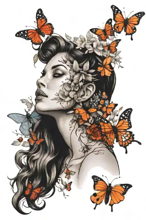 Mother Earth, heavenly creature, pure love, strong presence, surrounded with little creatures, butterflies, lady bugs, d tattoo design idea