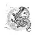 a small dragon with hearts and moon add the initials KC tattoo design idea