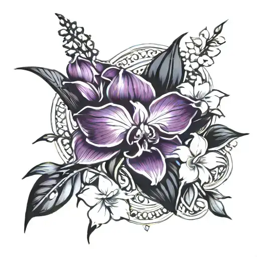 "LOPEZ" in philippine bay sun wrapped in vanda orchids and jasmine flowers tattoo design idea