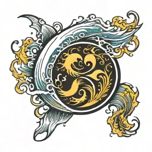 yin yang Pisces trident surrounded by a wave crashing tattoo design idea