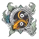 yin yang Pisces trident surrounded by a wave crashing tattoo design idea