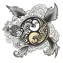 yin yang Pisces trident surrounded by a wave crashing tattoo design idea