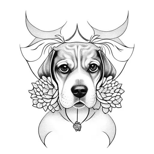 beagle dog with flowers tattoo design idea