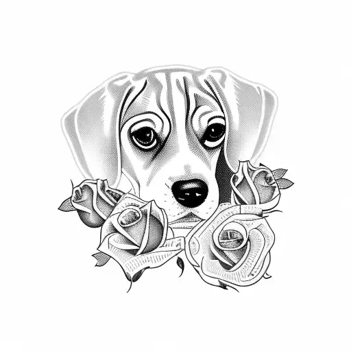 beagle dog with roses tattoo design idea