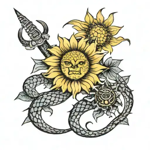 sun flowers snake sword family tattoo design idea