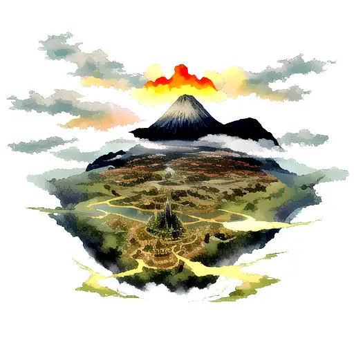 cirlce upper half with a burning mountain. The lower half with the same mountain florising with greenery tattoo design idea