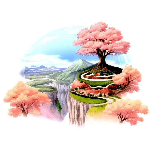 cirlce with the upper half with a burning mountain. The lower half with the same mountain florising with greenery tattoo design idea