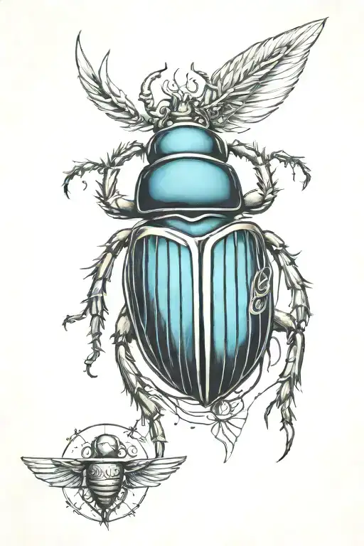 scarab beetle with heart and feather scale and pyramid  tattoo design idea