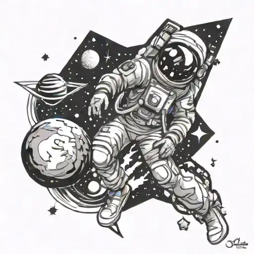 right Half sleave with Most Dope logo in a space suit, floating in space, surrounded by planets & stars & shooting stars tattoo design idea