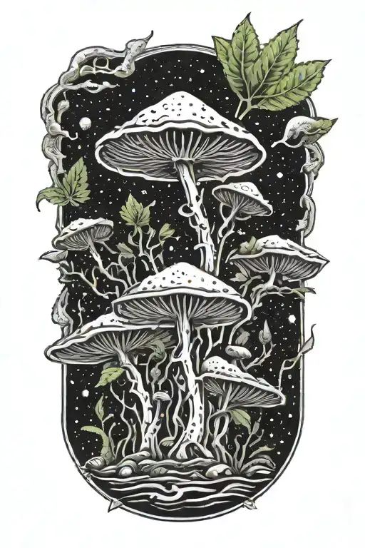 A trippy scene of a weed plant sprouting from a psychedelic mushroom on Mars tattoo design idea