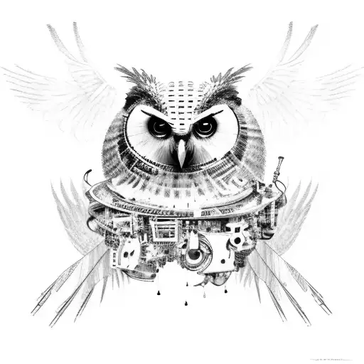 robotic owl swooping with mechanical body and wings tattoo design idea