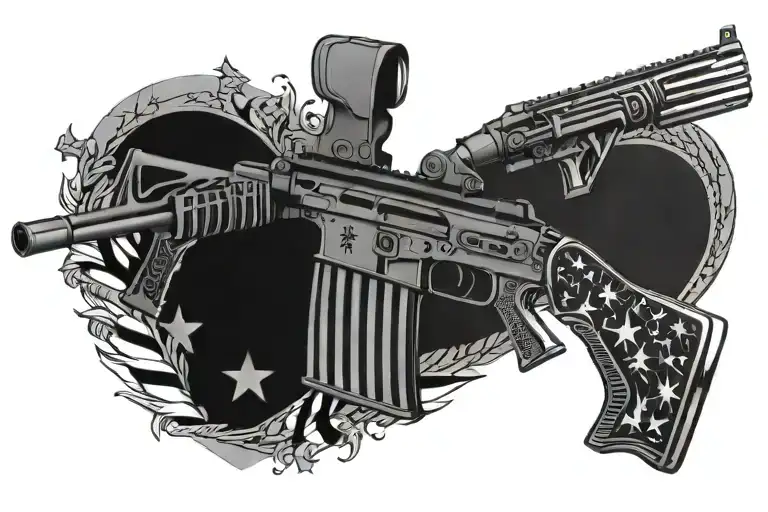 patriotic american flag intertwined with AR15 rifle and molon labe helment  tattoo design idea