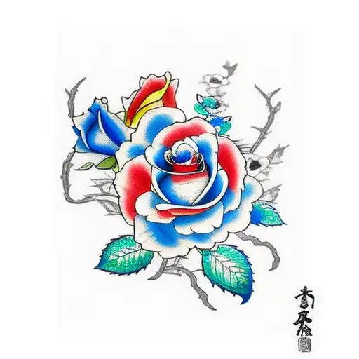 blue, red, and yellow rose tattoo design idea