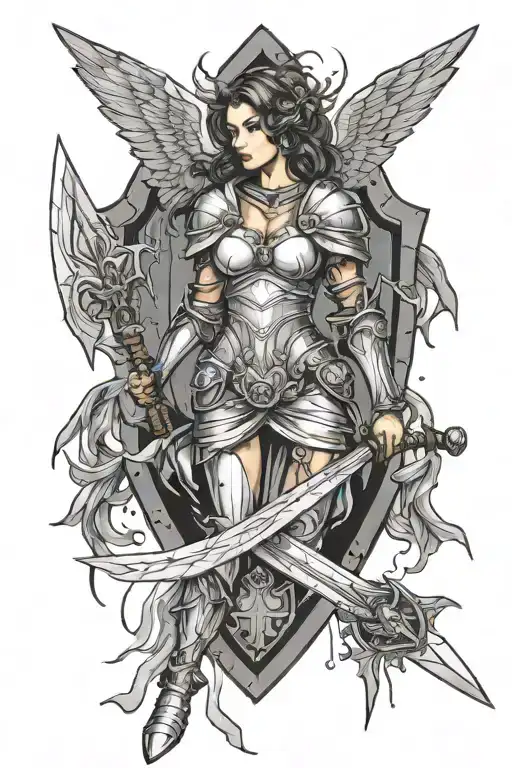 female guardian angel, dented armor and shield, shattered sword tattoo design idea