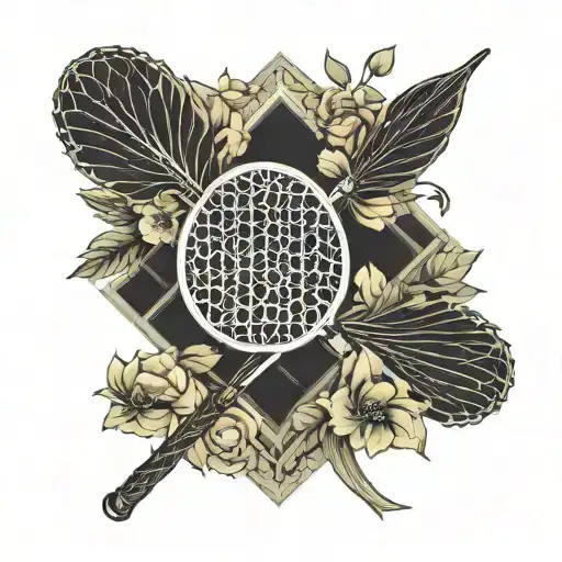 Badminton racquets crossed at the ends. Flowers entwined in the racquets. tattoo design idea