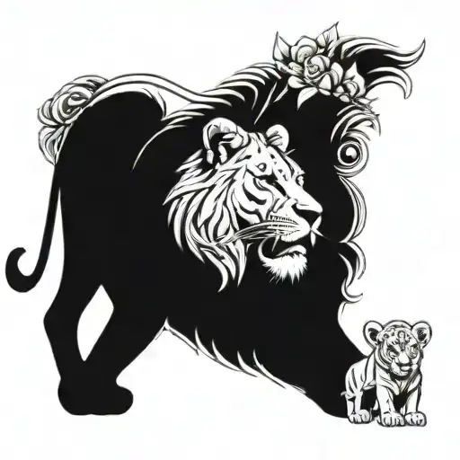 half lion and half lioness with a cub with a bow on top and a cub below the lions with flowers on the sides tattoo design idea