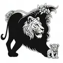 half lion and half lioness with a cub with a bow on top and a cub below the lions with flowers on the sides tattoo design idea