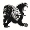 half lion and half lioness with a cub with a bow on top and a cub below the lions with flowers on the sides tattoo design idea