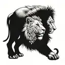 half lion and half lioness with a cub with a bow on top and a cub below the lions with flowers on the sides tattoo design idea