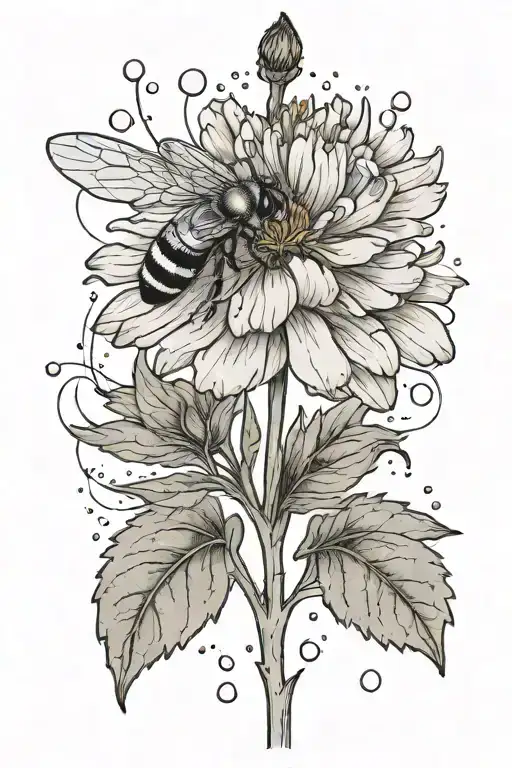 simple long stem marigold with tiny honeybee flying towards flower and three raindrops on the leaves and petal tattoo design idea