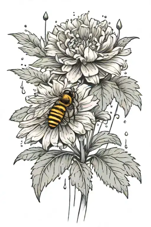 long stem marigold with tiny honeybee flying towards flower and three raindrops on the leaves and petal tattoo design idea