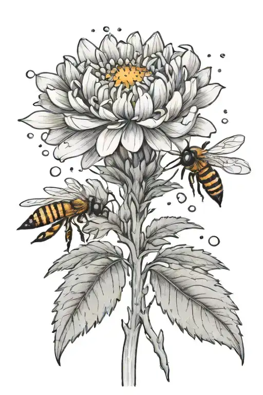 long stem marigold with tiny honeybee flying towards flower and three raindrops on the leaves and petal tattoo design idea