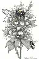 long stem marigold with tiny honeybee flying towards flower and three raindrops on the leaves and petal tattoo design idea