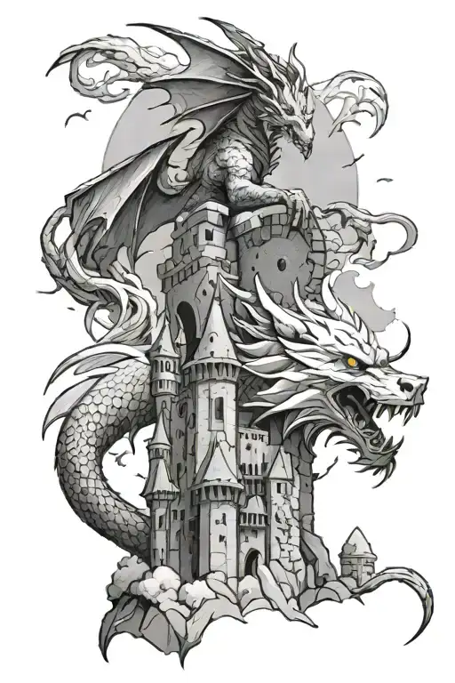 Dragon perched on castle top and a white wolf howling tattoo design idea