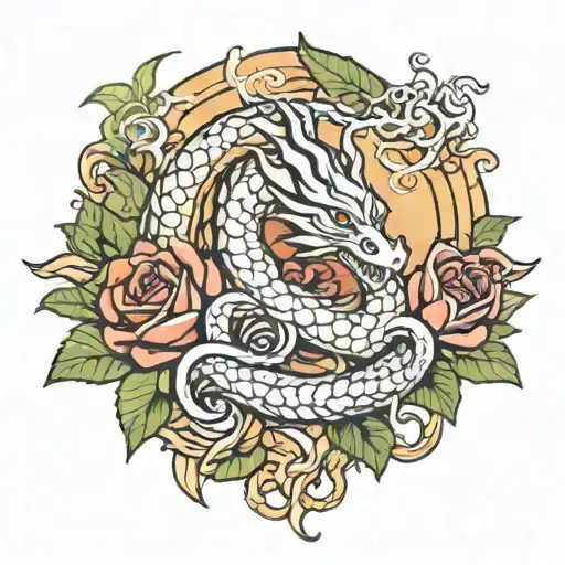 dragon, roses, caduceus intertwined tattoo design idea
