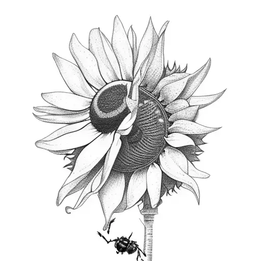 bouquet of sunflowers with ladybug on petal and bumblebees hovering around petals  tattoo design idea