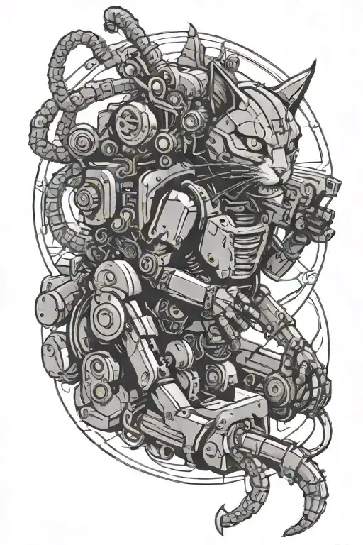 A robotic cat with tentacles and chainsaws in a futuristic setting tattoo design idea