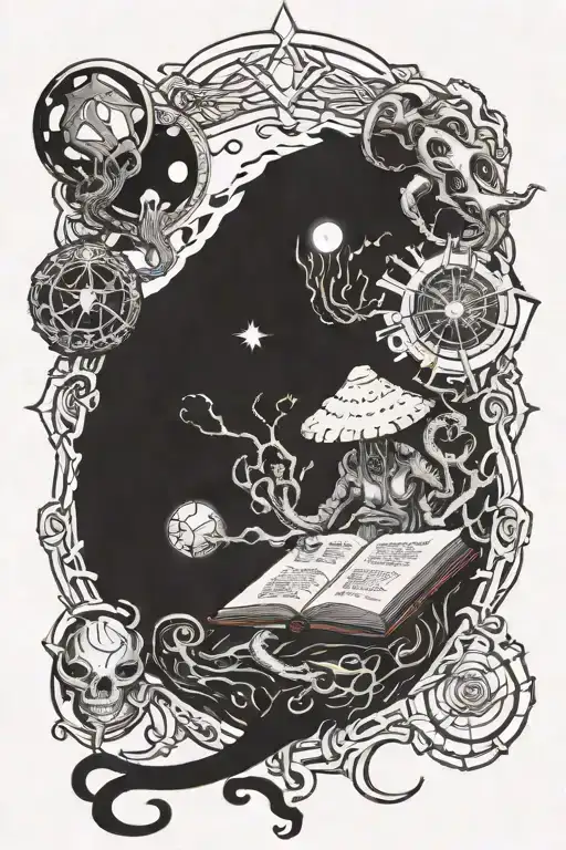 An eldritch horror creature emerging from a grimoire surrounded by symbols of darkness and new moons tattoo design idea