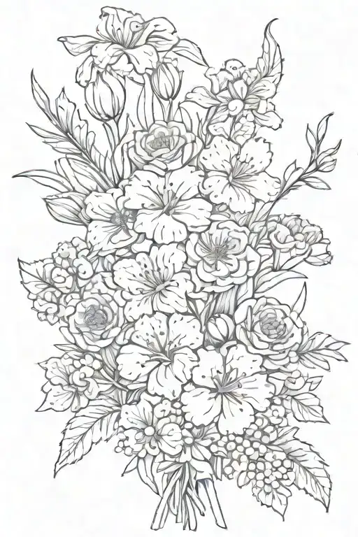 carnations, snowdrops, violets and primrose flower bouquet with infinity  tattoo design idea