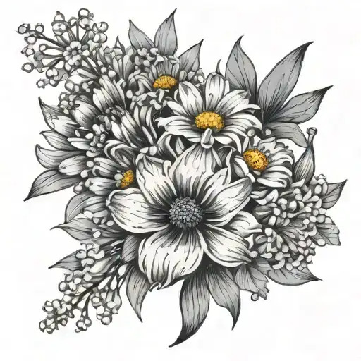 poppy, chrysanthemum, daisy, lilly of the valley, narcissus, cosmos fflower boquet tattoo design idea
