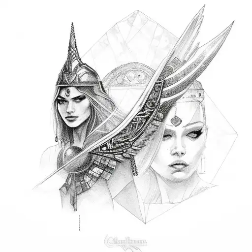 Warrior princess with a falcon companion, both wearing crystal amulets for protection tattoo design idea
