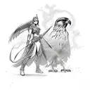 Warrior princess with a falcon companion, both wearing crystal amulets for protection tattoo design idea